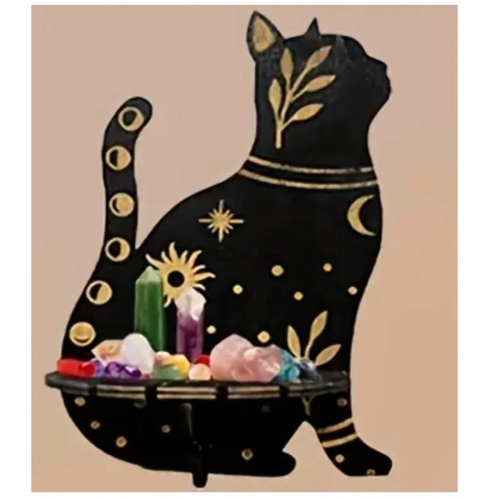 NEW! Majestic Black and Gold Sitting Cat Crystal / Gemstone Display Wall Shelf!